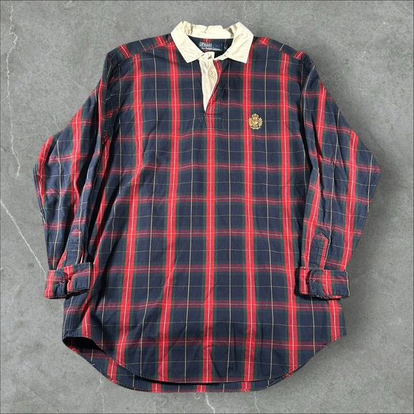 Polo By Ralph Lauren Rugby Shirt Mens Large Red Blue Plaid Cookie Crest Logo Y2K - Picture 1 of 6